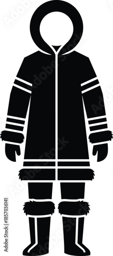 Silhouette of person in Arctic winter clothing with fur-trimmed parka and boots – flat vector illustration