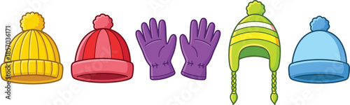 Winter accessories set with hats, gloves, and boots in colorful styles for cold weather – flat vector illustration