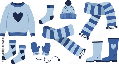 Winter clothing set illustration, flat vector illustration, cozy cold weather accessories, sweater scarf hat gloves boots, isolated white background
