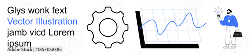 Data analysis, business strategy, productivity, innovation, technology, professional growth. Gear icon, graph visualization character with bulb idea. Data analysis and business strategy focus