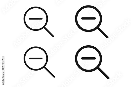 Set of four zoom out icons with a minus sign inside a magnifying glass outline