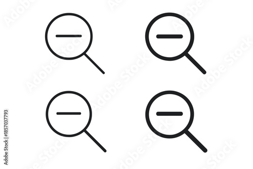 Set of four minimalist zoom out icons with magnifying glass and minus symbol