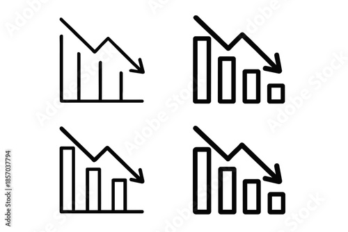 Set of four simple line icons representing downward trending bar charts and graphs