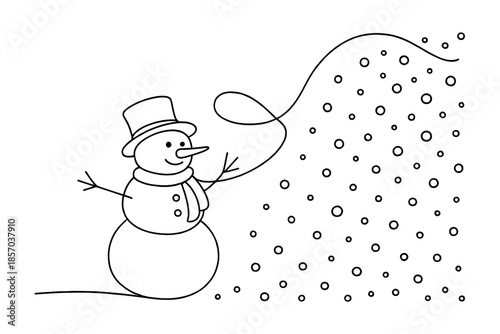 Whimsical line art snowman with a top hat and scarf, surrounded by falling snowflakes
