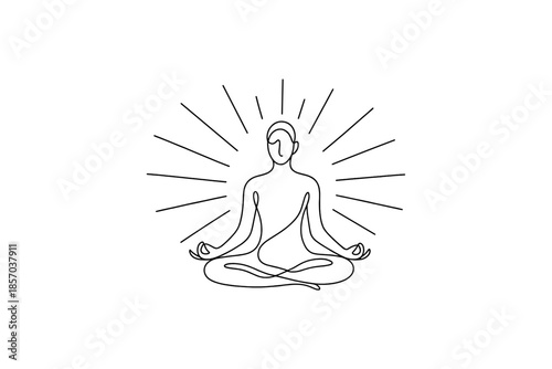 Minimalist line art of a person meditating with radiating lines symbolizing energy