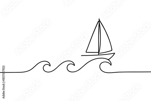 Minimalist sailboat glides across wavy ocean in continuous line art style