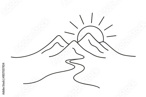 Minimalist line art of sun rising over mountains with a winding river path