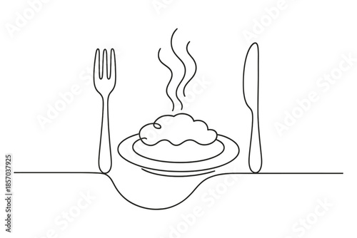 Minimalist one-line drawing of a hot meal served with fork and knife on a table