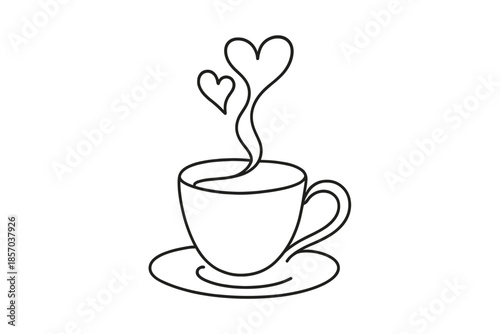 Minimalist line art of a coffee cup with steam forming hearts