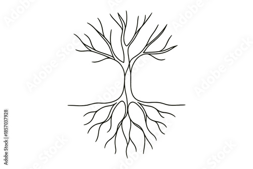 Simple line art of a bare tree with visible roots, symbolizing life and growth