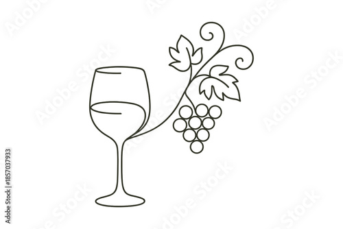 Elegant line art of a wine glass with a grape vine and cluster