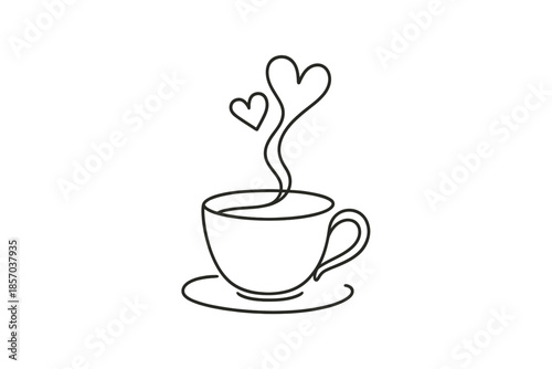 Minimalist line art of a coffee cup with steam forming hearts and a saucer