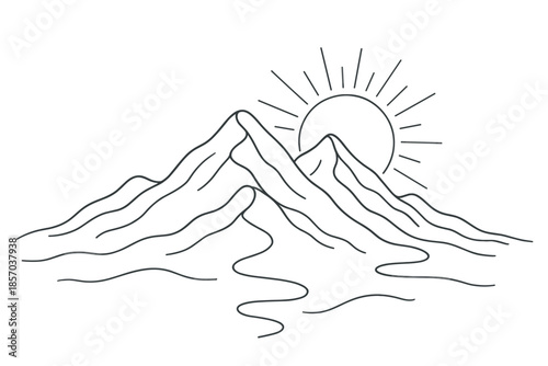 Minimalist line art of sun rising over majestic mountain peaks and winding river