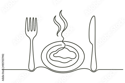 Single line drawing of a hot meal on a plate with fork and knife