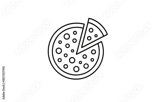 Simple line art icon of a pizza with one slice removed, representing food