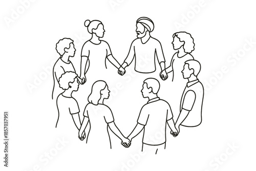 Diverse group of people holding hands in a circle, symbolizing unity and community