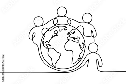 Continuous line drawing of diverse people holding hands around the planet Earth