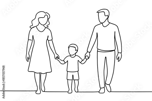 Simple line drawing of a family walking together holding hands