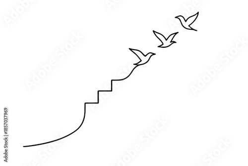 Minimalist line art of birds flying up stairs symbolizing freedom and aspiration