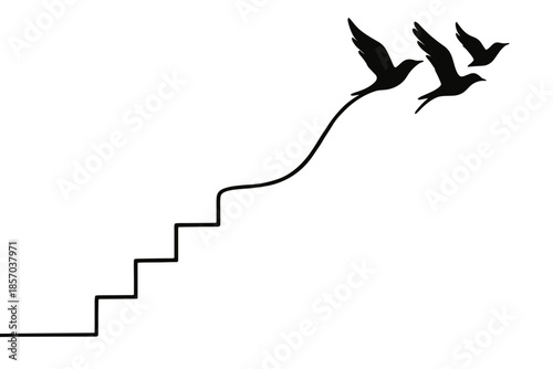 Birds flying up stairs symbolizing freedom and progress towards a brighter future