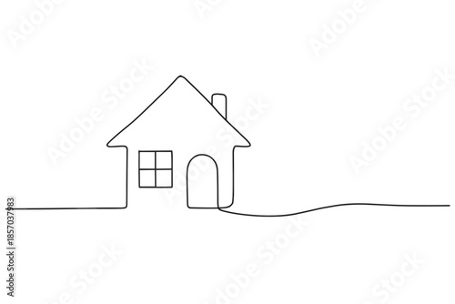 Minimalist single line drawing of a house with a window and door on a white background
