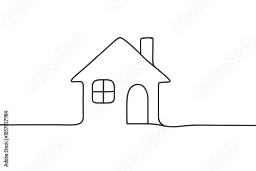 Simple line drawing of a house with a window and door on a white background