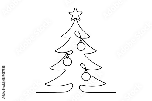 Minimalist continuous line drawing of a decorated Christmas tree with a star on top