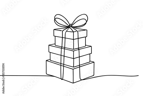 Stack of three gift boxes tied with a ribbon, drawn in a continuous line style