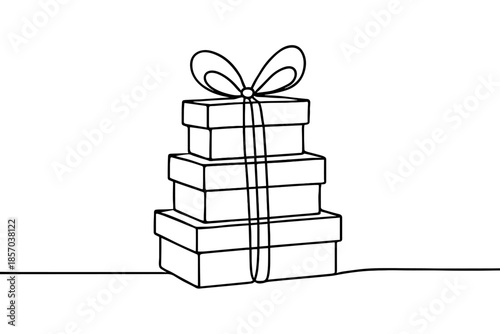Stack of gift boxes with ribbon and bow, simple line art illustration