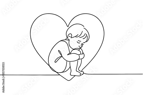 Single line drawing of a sad child curled up inside a heart shape on a white background