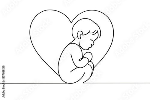 Simple line art of a baby curled up inside a heart shape, symbolizing love and protection