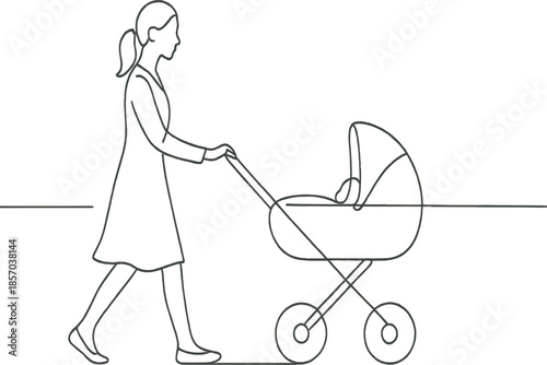 Woman pushing a baby stroller in a minimalist line art style