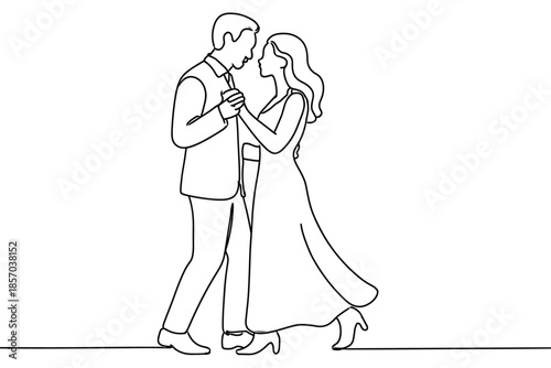 Elegant couple dancing together in a continuous line art style, celebrating romance