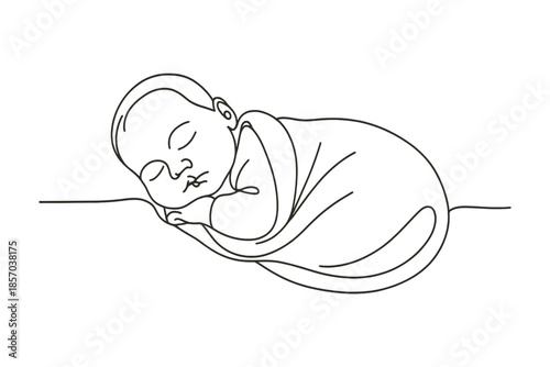 Minimalist line art drawing of a newborn baby sleeping peacefully wrapped in a blanket