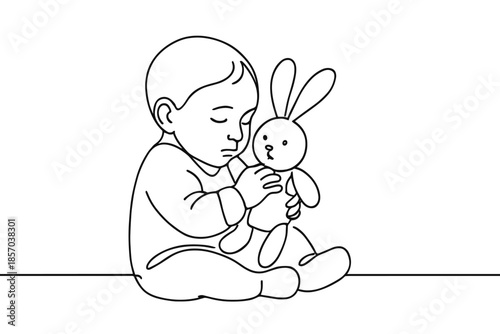 Simple line art drawing of a baby holding a stuffed bunny rabbit with eyes closed