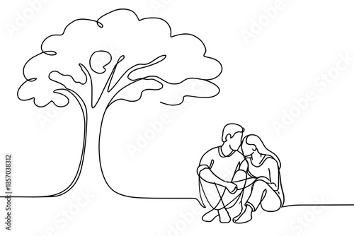 Couple sitting under a tree in a minimalist continuous line drawing style