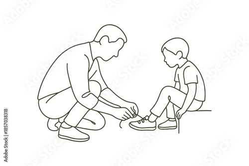 Father tying shoelaces for his son, a simple line art illustration of bonding and care