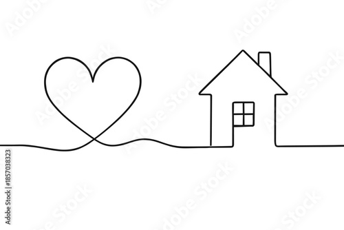 Minimalist continuous line drawing of a heart connected to a simple house outline