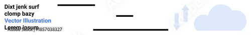 Cloud computing, data transfer, digital storage, technology services, file sharing, scalability solutions. Minimal design with arrows and cloud graphic. Cloud computing and data transfer concept