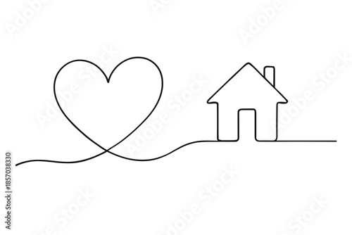 Minimalist single line drawing connecting a heart shape to a house outline