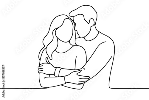 Couple embracing intimately with a tender hug, minimalist line art illustration