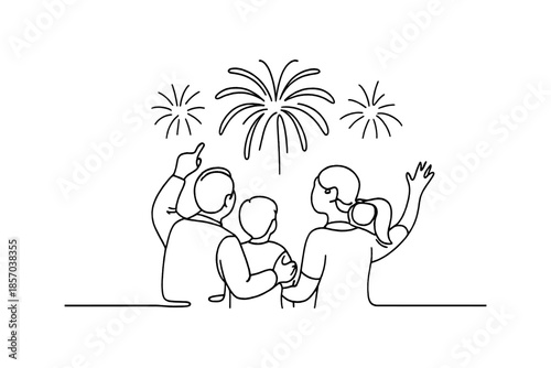 Family enjoying a fireworks display, a father points to the sky, simple line art