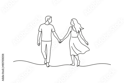 Couple holding hands walking on a beach in minimalist line art style