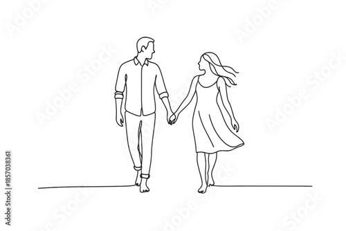 Couple holding hands walking barefoot on a beach in a minimalist line art style