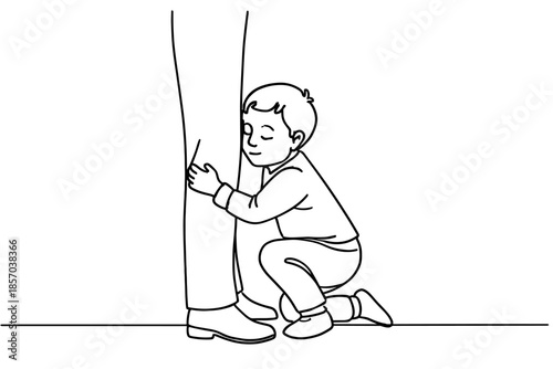 Little boy hugs his father's leg with love and tenderness in a simple line drawing