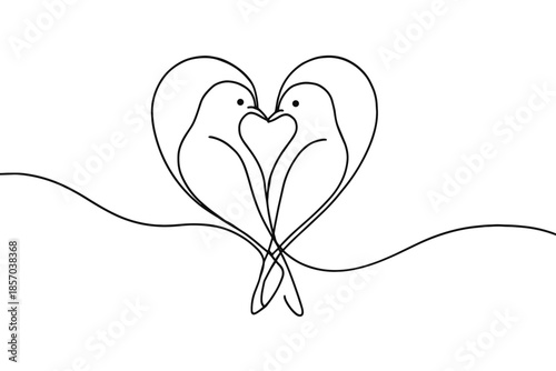 Elegant continuous line art of two birds forming a heart shape, symbolizing love