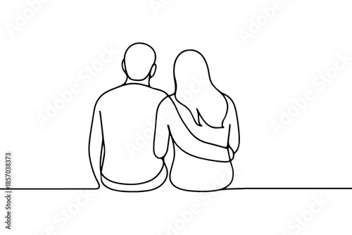 Couple sitting together, one arm around the other, minimalist line art illustration