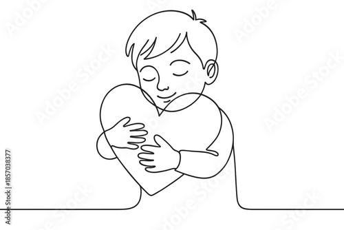 Minimalist line art of a child embracing a heart with closed eyes and a gentle smile