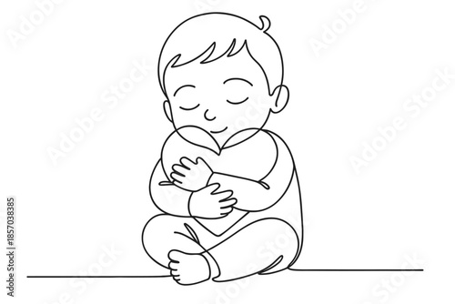 Sweet baby embracing a heart with closed eyes in a minimalist line art style
