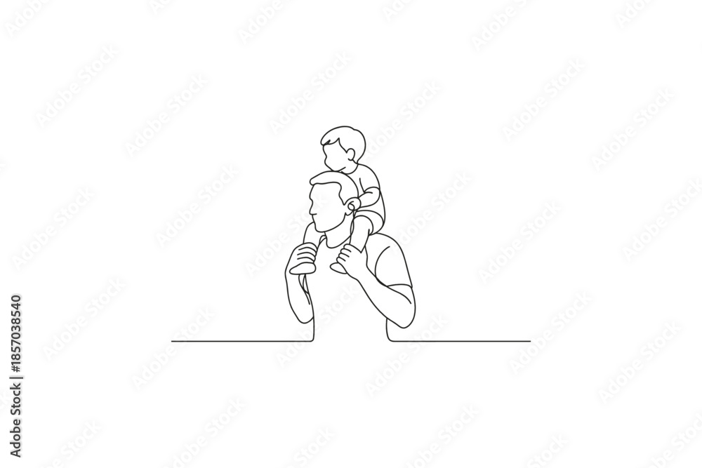 Fototapeta premium Father carrying his child on his shoulders, a simple line drawing illustration